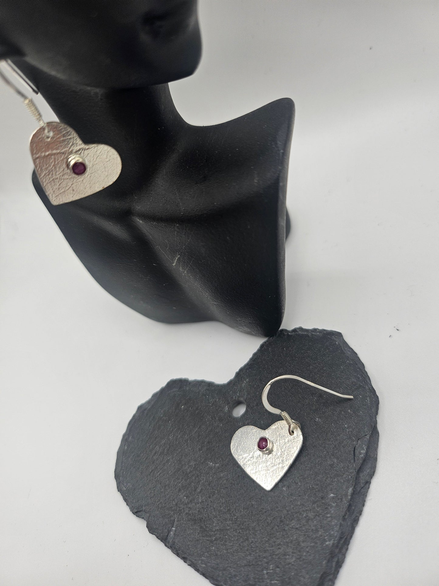 Sterling Silver Love Heart Earrings with Purple Ruby