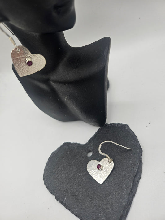Sterling Silver Love Heart Earrings with Purple Ruby